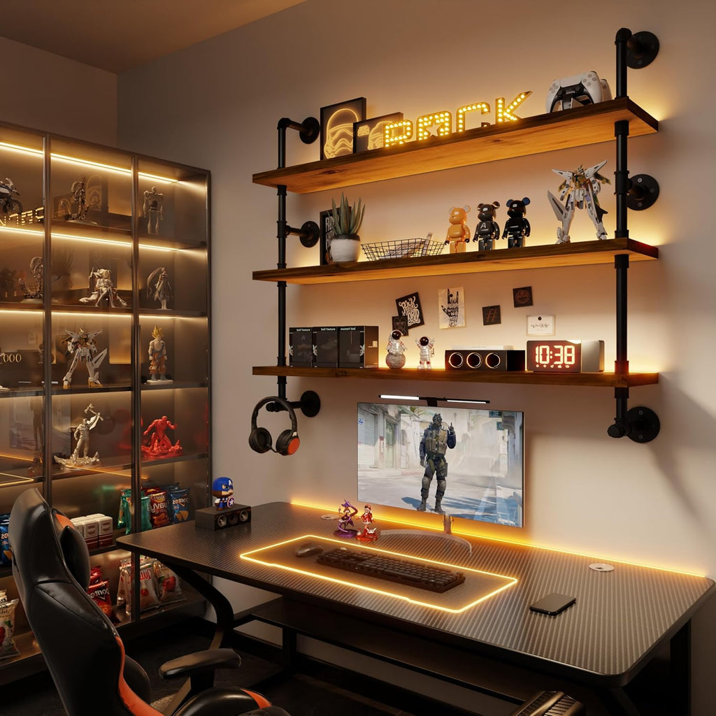 ROGMARS LED Gaming Floating Shelves for Wall,Industrial Pipe Shelving 48 inch Coffee Bar Shelves Wall Mounted,Display Book Shelf with Light for Gaming Room Living Room Bedroom Kitchen Garage