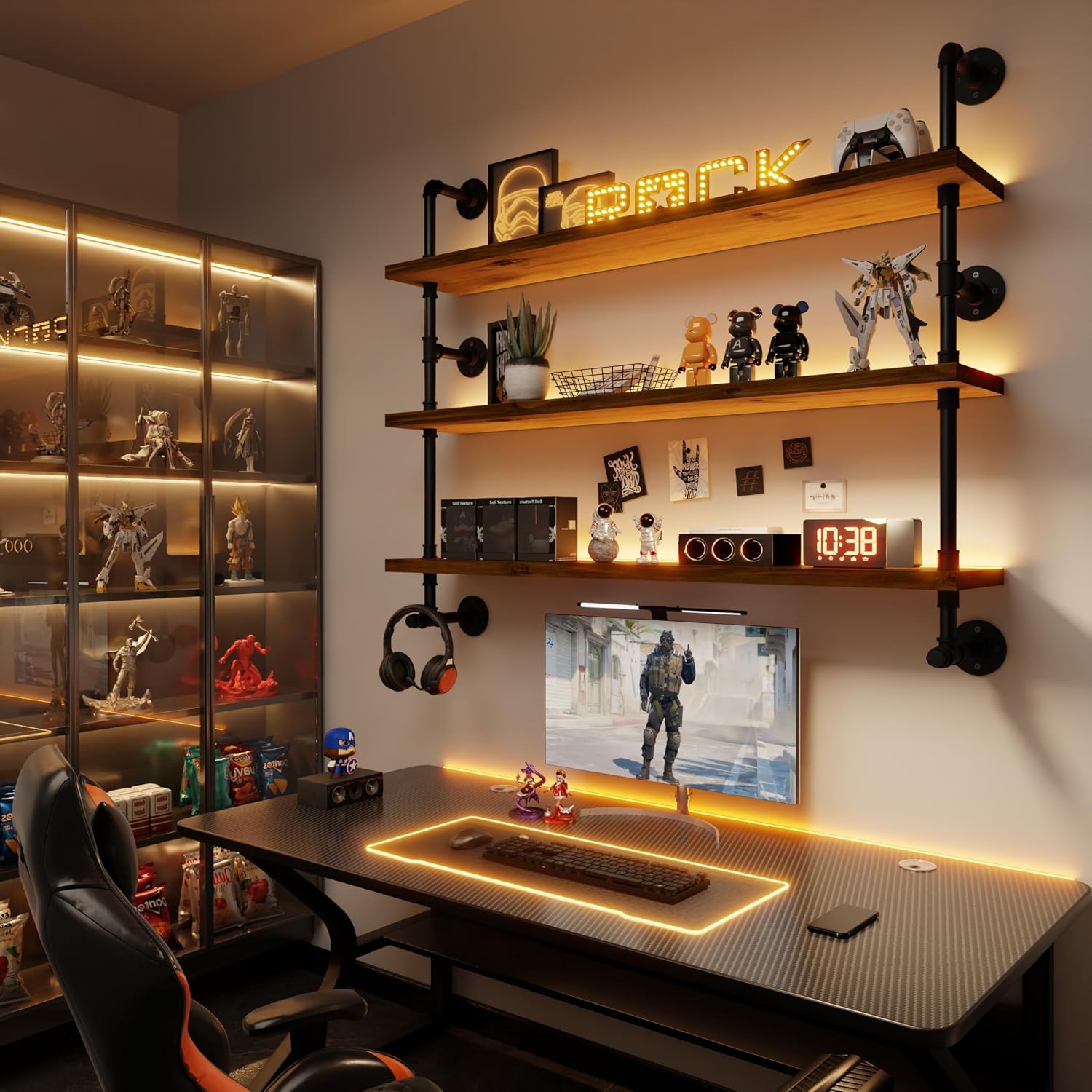 ROGMARS LED Gaming Floating Shelves for Wall,Industrial Pipe Shelving 48 inch Coffee Bar Shelves Wall Mounted,Display Book Shelf with Light for Gaming Room Living Room Bedroom Kitchen Garage