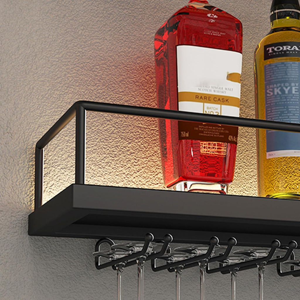 Wine Rack Wall Mounted Floating Bar Shelves with Hanging Wine Glass Holder Rack Liquor Bottle Display Shelf with LED Light for Liquor Bottles for Home Bar Dining Room Living Room Kitchen(Black,120cm(4