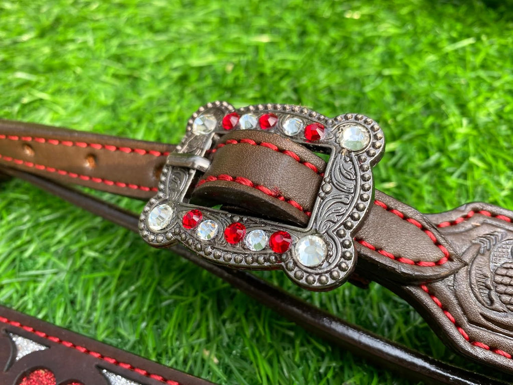 Premium Browband Horse Tack Set - Argentina Cow Leather Headstall & Breast Collar with Red Heart Design, Western Style, Durable Antique Nickel Hardware, Handcrafted Quality, Ideal for Show & Trail