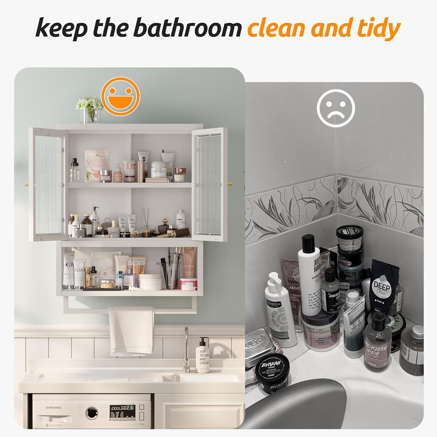 Bathroom Wall Cabinet with 2 Glass Door, Bathroom Medicine Cabinet with Towels Bar and Shelves, Over The Toilet Storage Cabinet, Metal Wall Mounted Cabinet for Kitchen (Upgraded White)