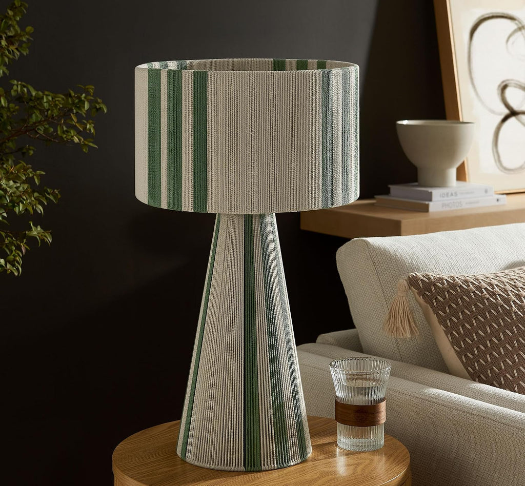Modway Gia Vintage Modern Cotton Thread Table Lamp in Basil Green - Unique Retro Boho Accent Lamp with Metal Base and Repeating Stripes Design