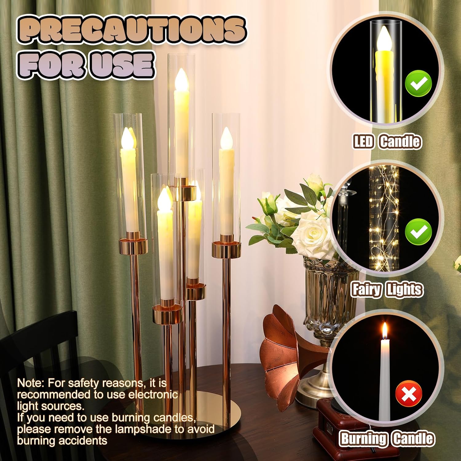 Tandefio 4 Set 5 Arm Gold Candelabra Table Centerpiece with LED Candle, 26.8' Tall Acrylic Cylinder Candle Holder with Lampshades Fit 0.8 for Wedding, Anniversaries, Dinner, Party, Easter, Home Decor