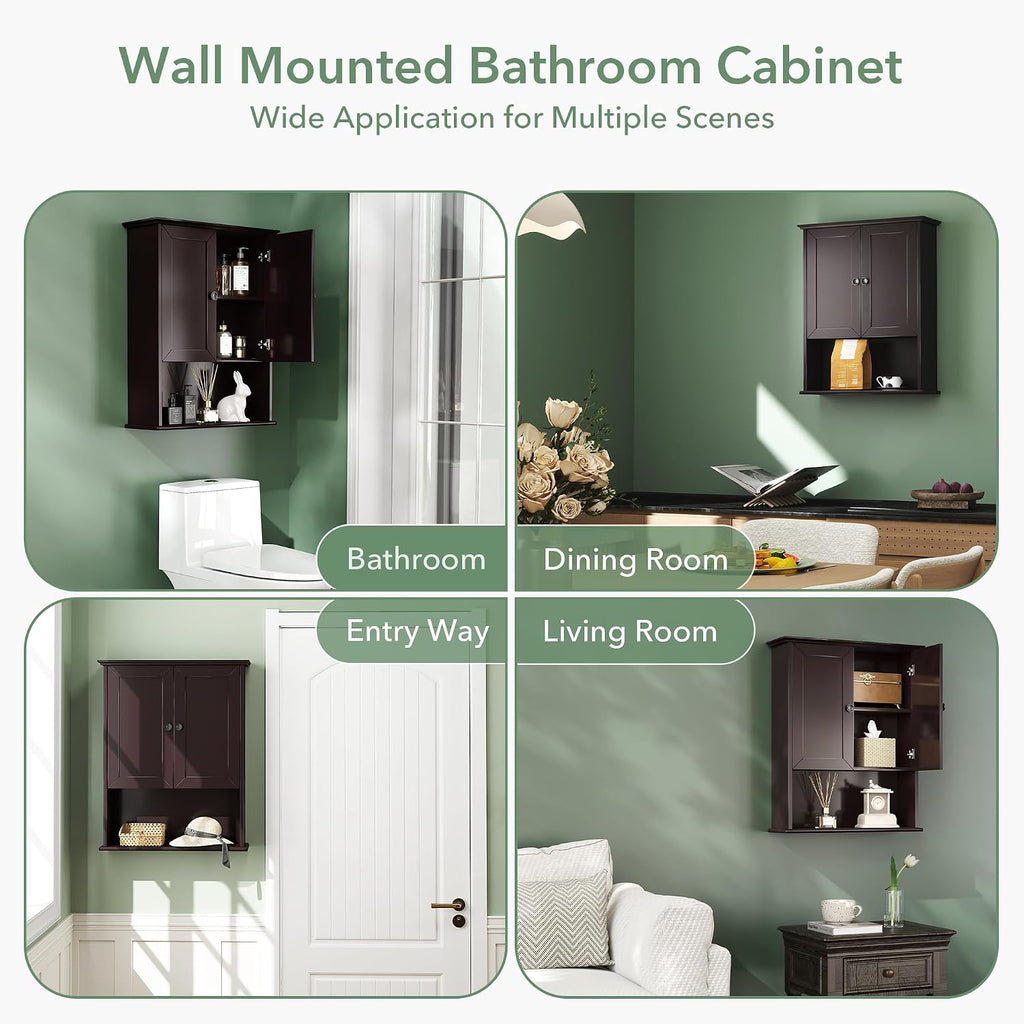 Bathroom Cabinet Wall Mounted Dark Espresso Wooden Medicine Cabinets Over Toilet Storage 24x30 Inch Hanging Wall Cabinet with 2 Door & Adjustable Shelf, Soft Hinge, Metal Handle