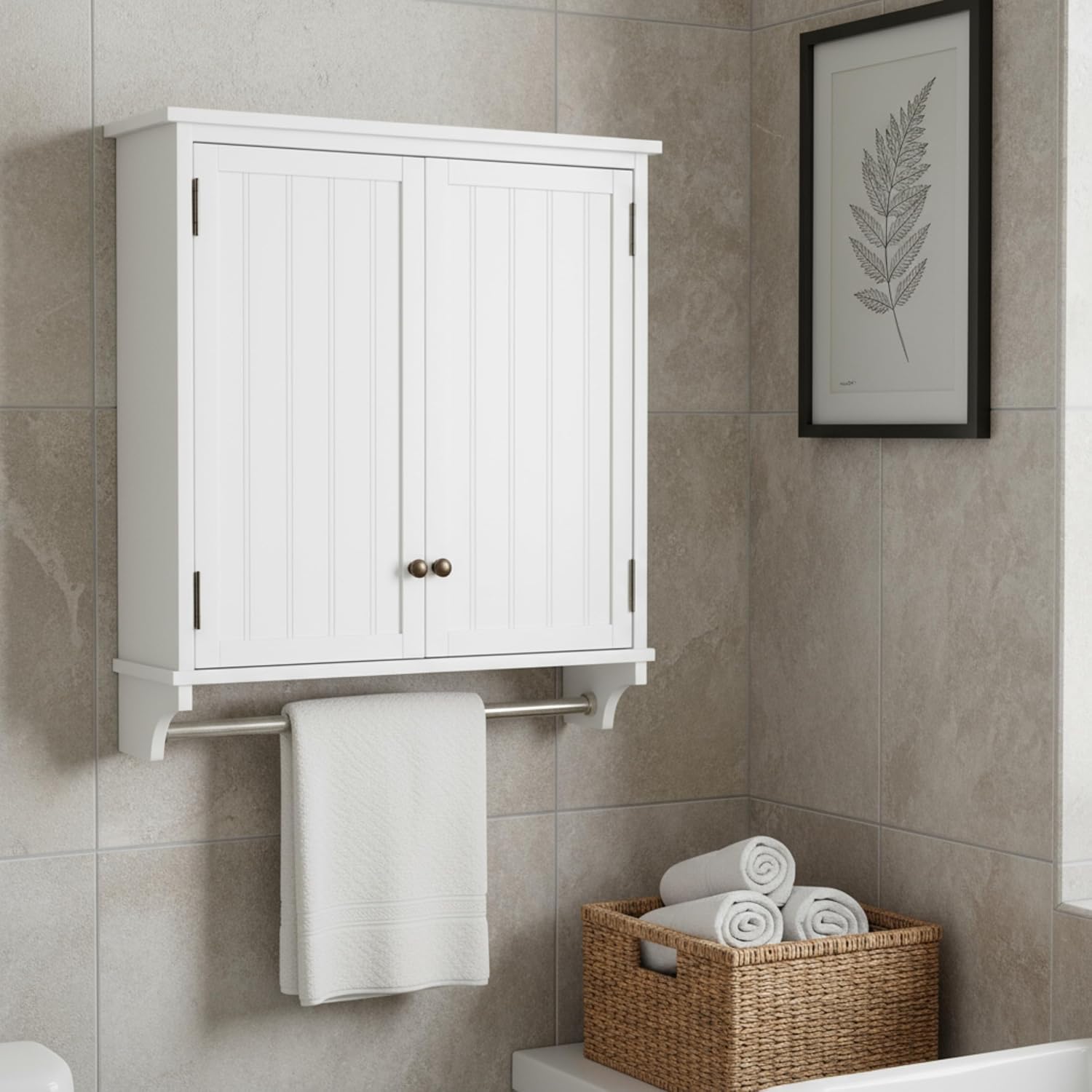 Dover 27' x 29' Wall Mounted Bathroom Storage Cabinet with Shaker Beadboard Doors, Two Adjustable Shelves and a Towel Bar – White Wall Cabinet for Bathroom, Laundry, or Entryway by Alaterre Furniture