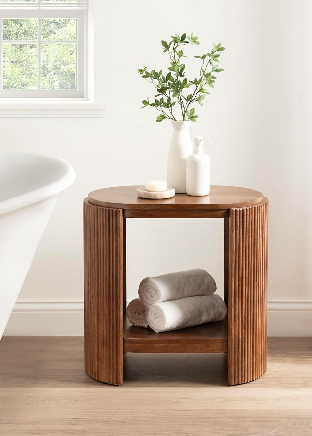 Kate and Laurel Cakora Modern Capsule Ribbed Mango Wood Side Table, 22 x 13 x 22, Walnut Brown, Mid-Century Decorative Two-Tier End Table for Use as a Bedroom Nightstand or Living Room Plant Stand