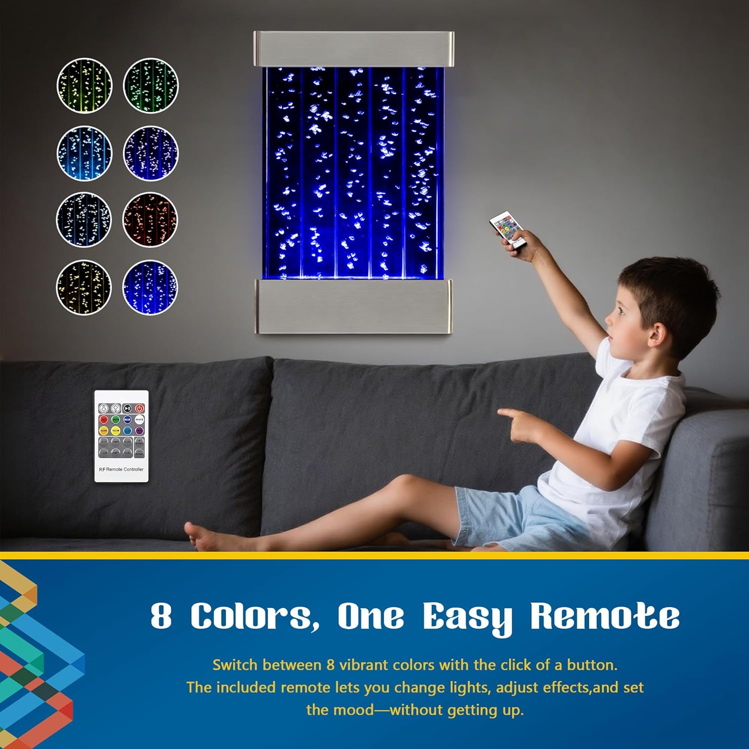 LED Sensory Bubble Wall – 24'x16' Stainless Steel Wall Panel with Floating Fish, Vertical Bubbles, Color-Changing Lights, Remote & APP Control for Sensory & Therapy Rooms