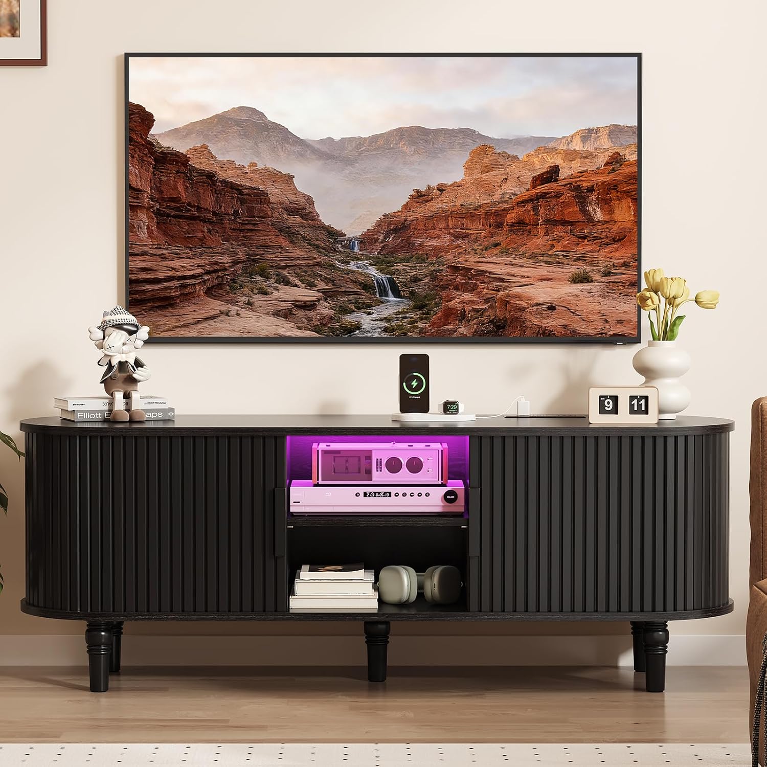 TV Console with Power Outlet-55' Entertainment Center with Sliding Tambour Door, Modern TV Stands for Living Room Bedroom, LED Media Stand with Storage Cabinet and Adjustable Shelves, Black