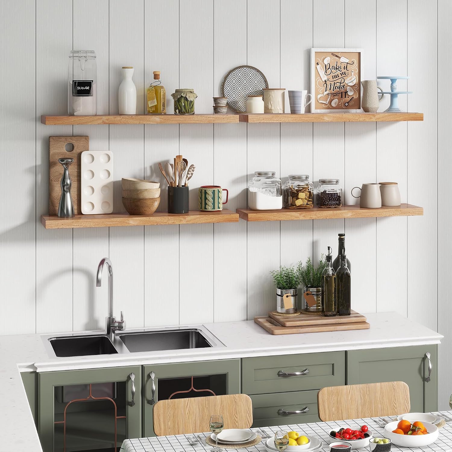 36'x9.2' Elm Floating Shelves for Wall, Flat Edge, Natural, 2-Pack | 1.4' Thick Reclaimed Wood Shelves with Invisible Bracket for Living Room, Bedroom, Kitchen & Bathroom Storage