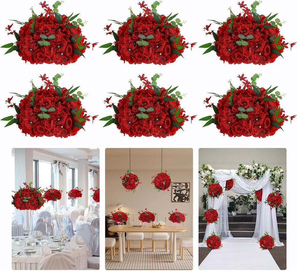 6pcs Wedding centerpieces for Tables 15.8' Red Artificial Flowers Rose Ball Arrangements Silk Flower Balls Floral for Wedding Christmas Party Table Home Decor (6, Red, 15.8'' Diam)