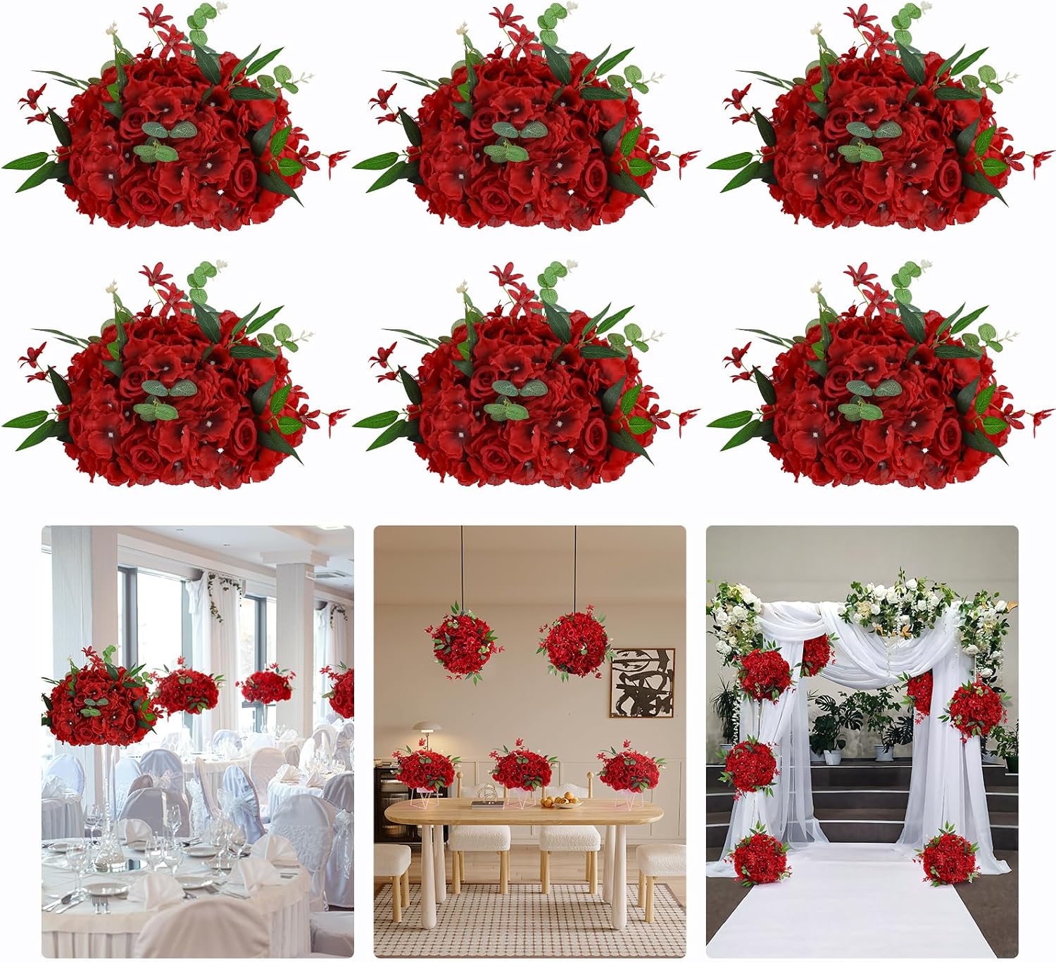 6pcs Wedding centerpieces for Tables 15.8' Red Artificial Flowers Rose Ball Arrangements Silk Flower Balls Floral for Wedding Christmas Party Table Home Decor (6, Red, 15.8'' Diam)