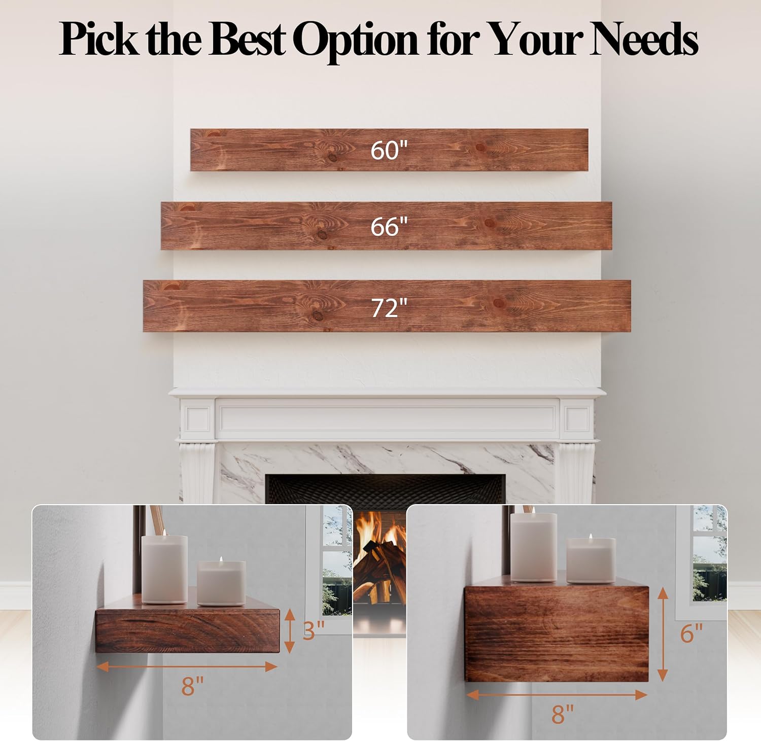 60 Inch Fireplace Mantel Shelf - 8' Deep Solid Wood Floating Mantel for Over Fireplace - 90LBS with Invisible Bracket - Handcrafted TV Decor for Livingroom & Bedroom - Rustic Walnut