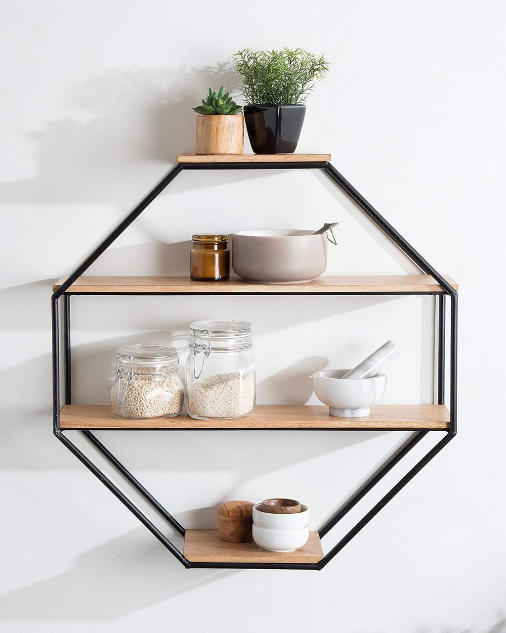 Kate and Laurel Lintz Farmhouse Octagon Wall Shelf, 24 x 24, Rustic Brown and Black, Modern 4-Tier Geometric Shelves for Wall