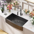 36Inch NANO PVD Black Farmhouse Kitchen Sink w/Pull-down Faucet 16 Gauge Stainless Steel Workstation Sink Scratch Resistant Surface w/Accessories (Gunmetal Single Bowl, 36 Inch w/Faucet)