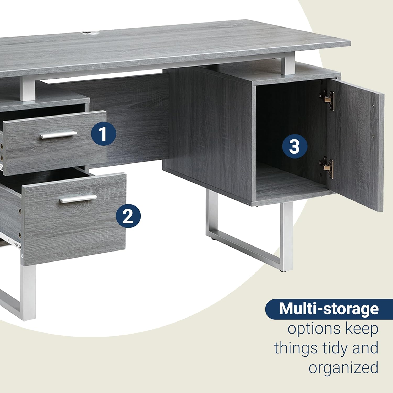 Techni Mobili Modern Office Desk with Storage, Gray