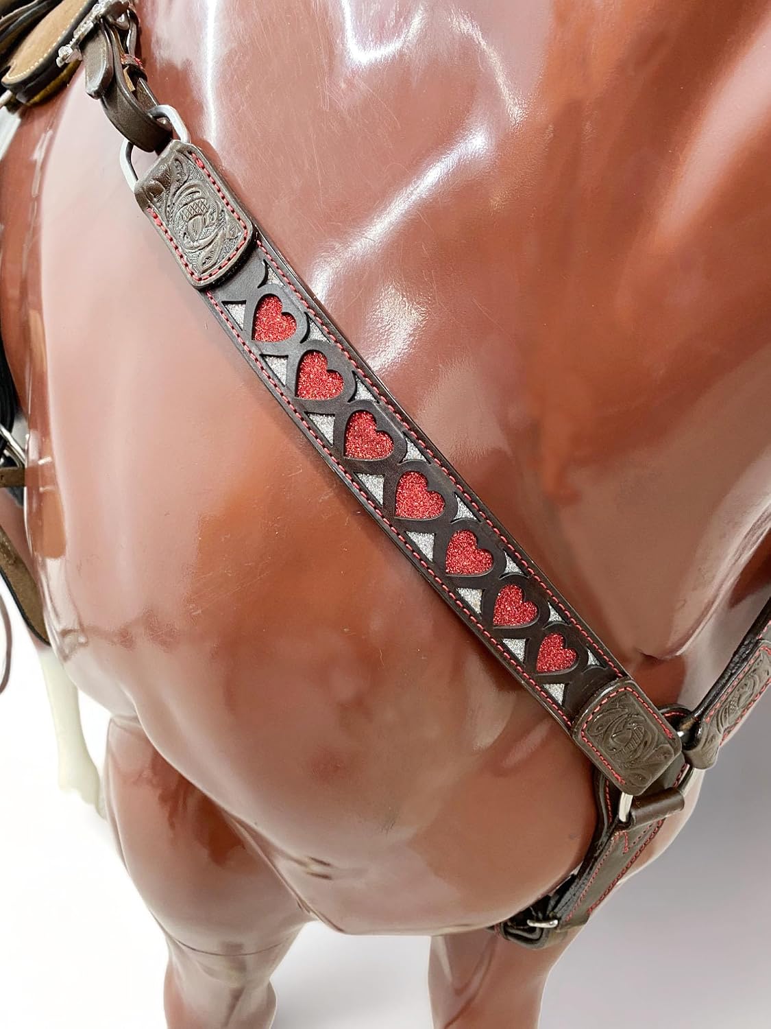 Premium Browband Horse Tack Set - Argentina Cow Leather Headstall & Breast Collar with Red Heart Design, Western Style, Durable Antique Nickel Hardware, Handcrafted Quality, Ideal for Show & Trail