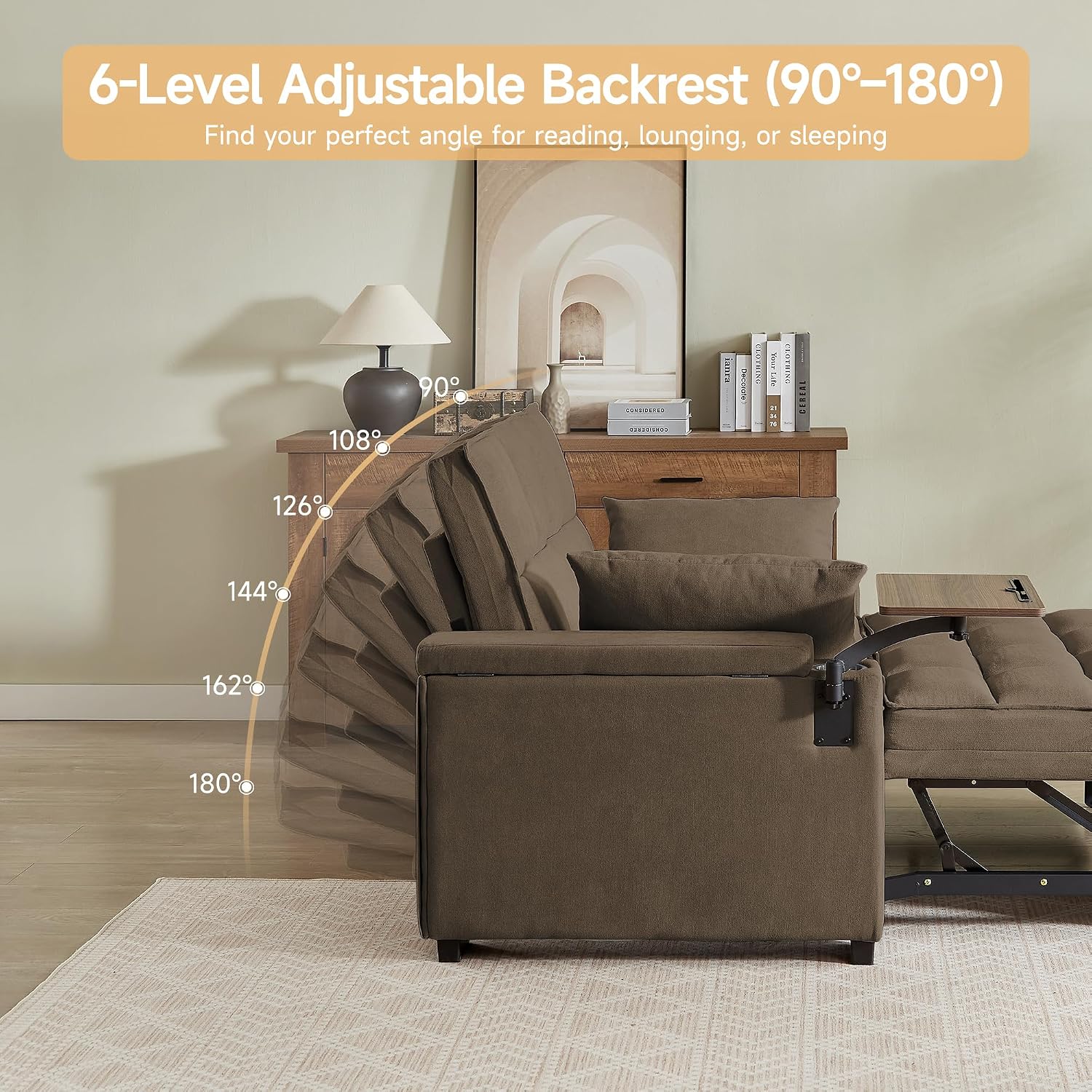 Auvsoce 65'' Chaise Lounge Chair Indoor, 3-in-1 Convertible Sofa Bed with Pull Out Design, 360° Swivel Side Table, Modern Chenille Couch Bed for Living Room