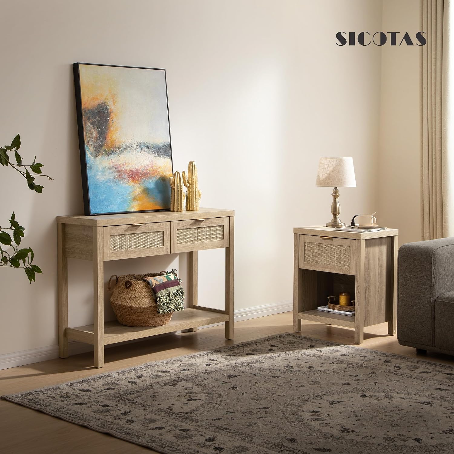 SICOTAS Night Stand with Charging Station - Rattan Nightstand with Type-C and USB Ports, Farmhouse Boho Bed Side Table with Drawer and Open Shelf for Bedroom Small Space, Light Oak