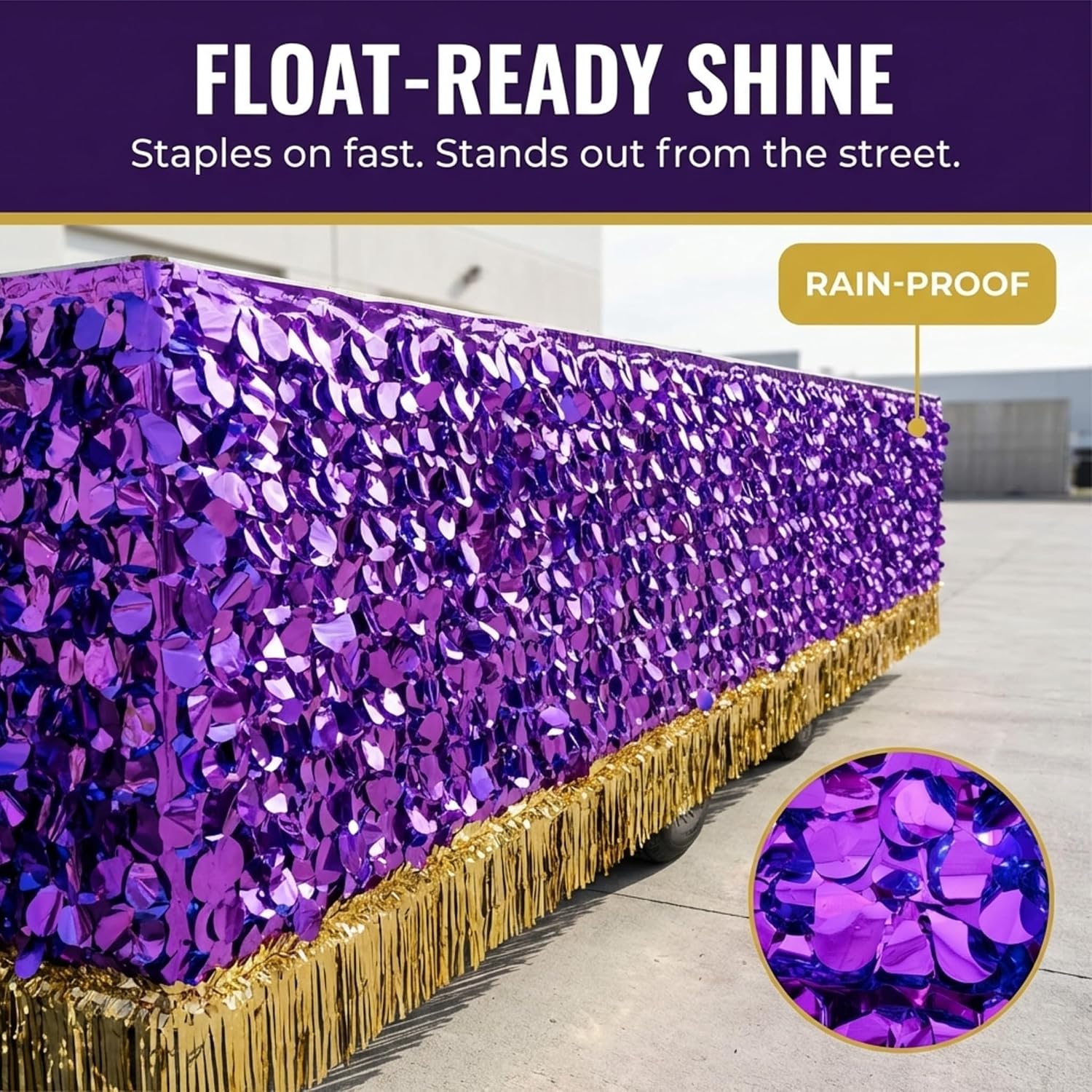 Anderson's Purple Metallic Floral Sheeting, 30 Ft. Parade Float Decoration for Trailers, Parties, Weddings, Proms, Photo Backdrops & Events – Shiny Fringe Garland for Indoor/Outdoor Use
