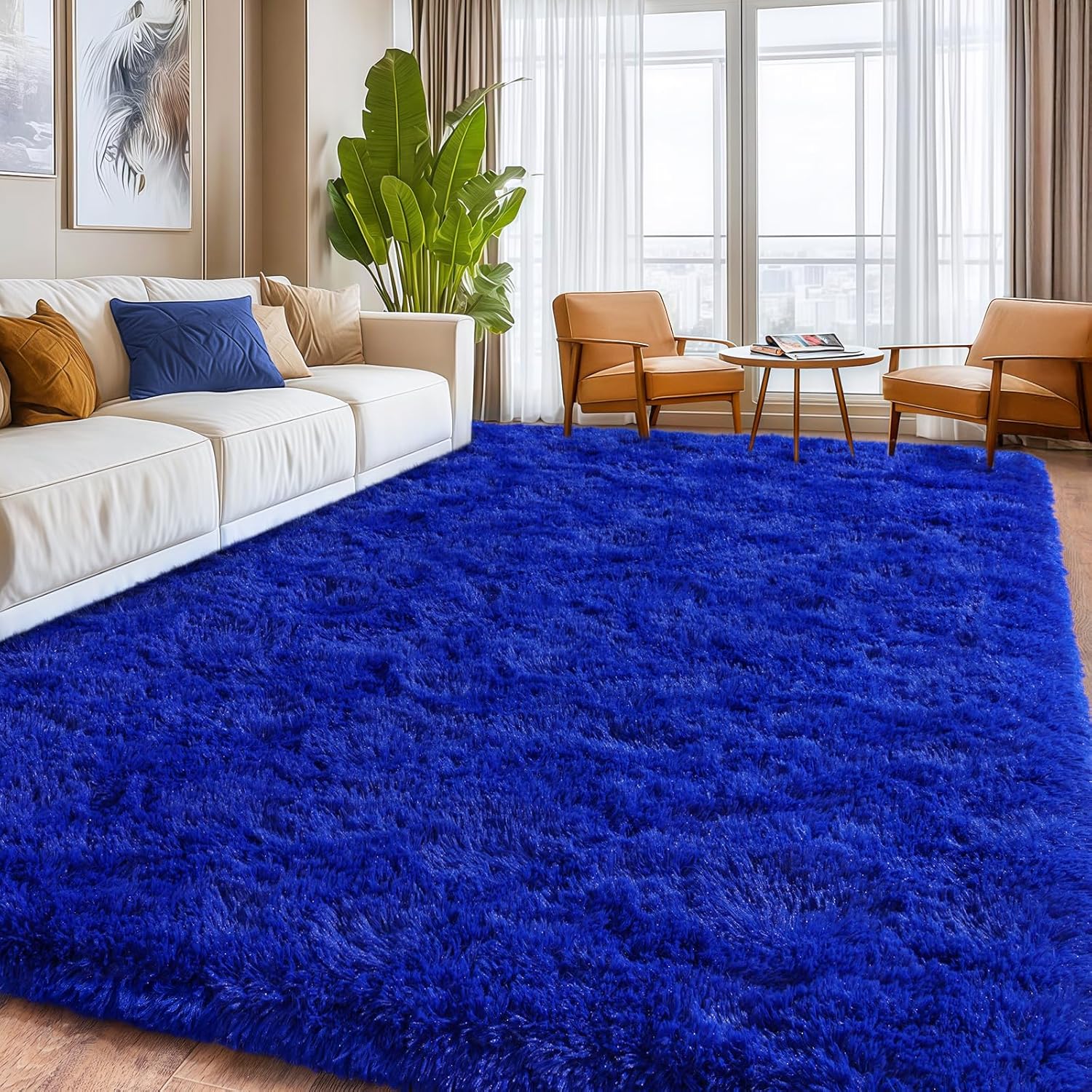 Extra Large 10x14ft Fuzzy Rug Blue Fluffy Rug for Living Room, Big Plush Non-Skid Shag Carpet, Soft Shaggy Rugs for Bedroom Indoor Modern Home Decor