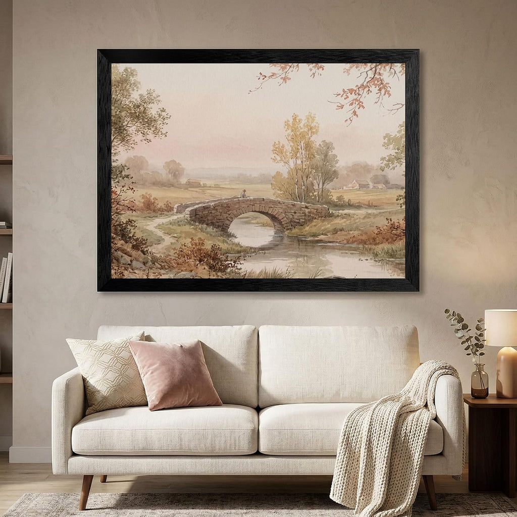 Framed Wall Art - 19th-Century Style Pastoral Landscape Stone Bridge in Black Frame - Vintage Watercolor Aesthetic Home Decor - Premium Art Print - 24x36 Inch
