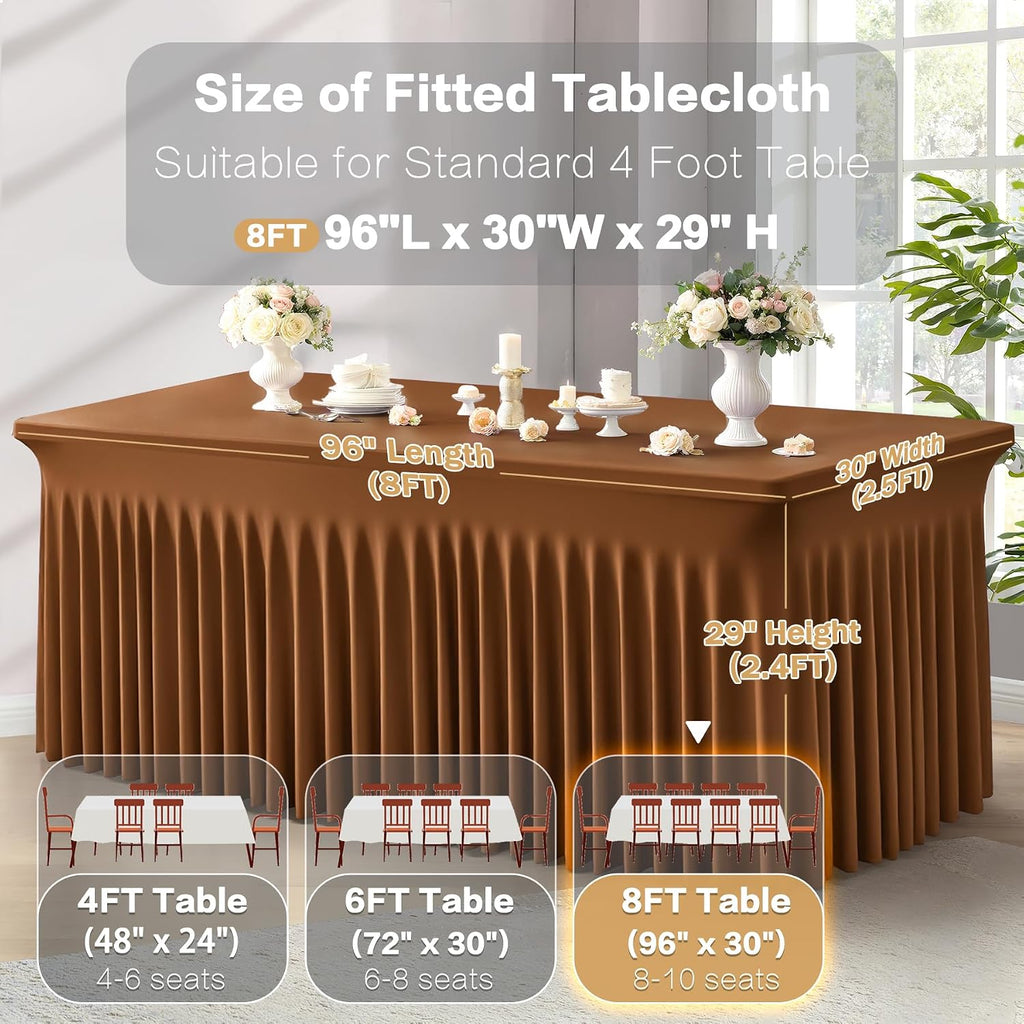 Shillance 6 Packs Brown Spandex Tableclothes for 8 Foot Rectangle Table, Spandex Table Covers 8FT Stretch Table Skirts Wrinkle Free Fitted Table Cloth for Event, Wedding, Banquet & Parties