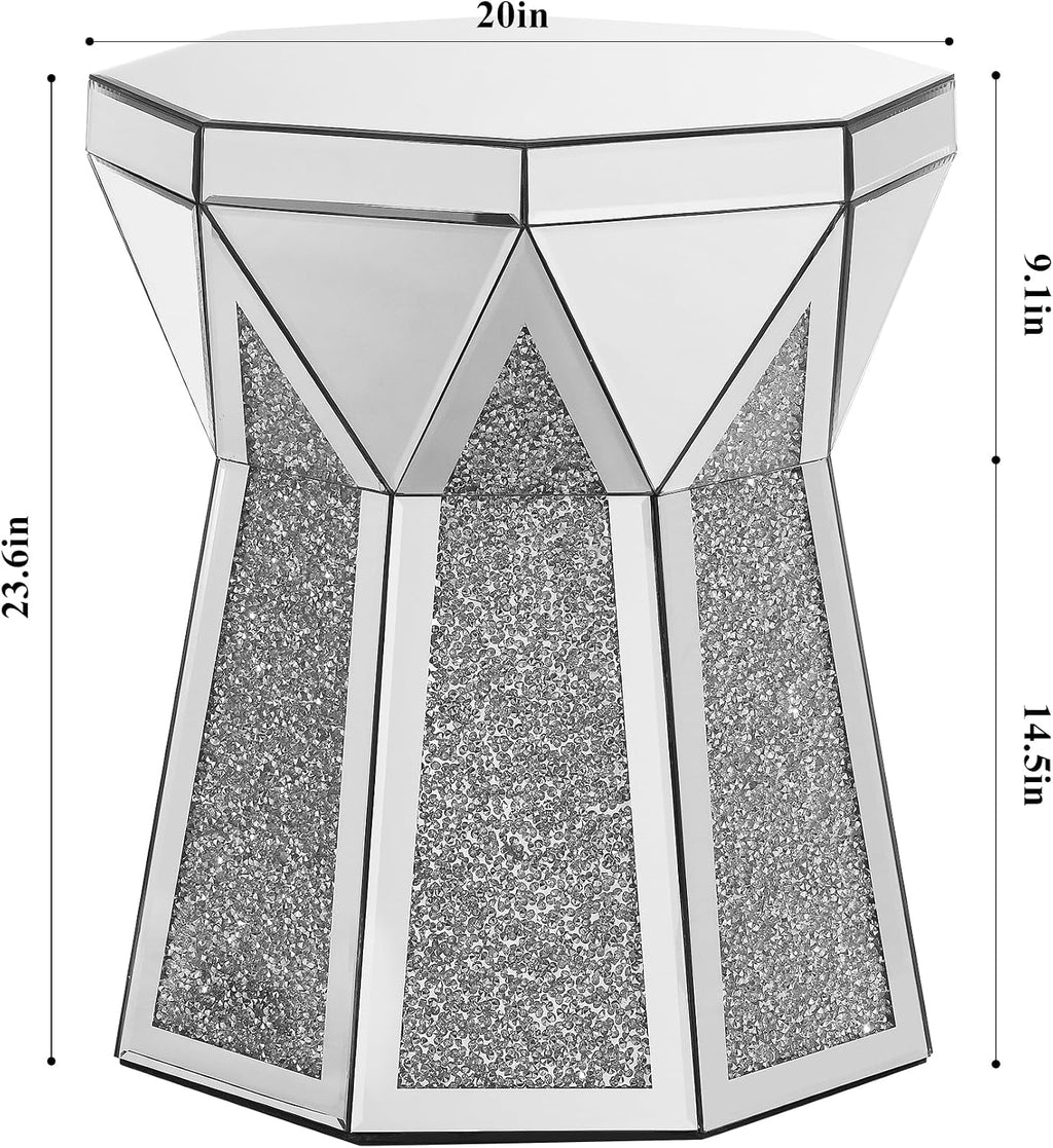 Drum End Table with Mirror Crystal, Silver Decorative Table, Modern Design Luxury Furniture, 20 inch for Living Room