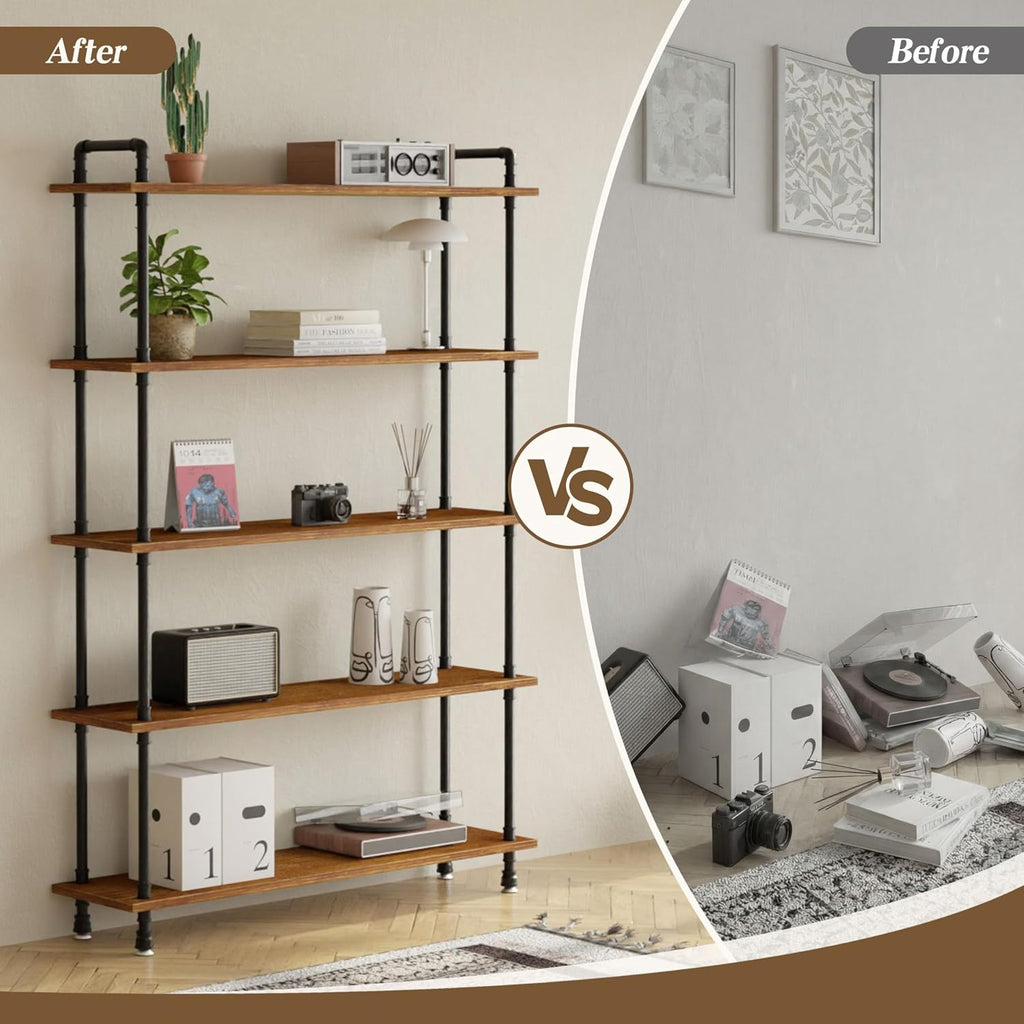 Industrial Bookshelf, Rustic Open Bookcase, 5 Tier Wood and Metal Bookshelf, Solid Pine Wood and Iron Pipe Tall Narrow Storage Shelf for Living Room Bedroom Office Kitchen