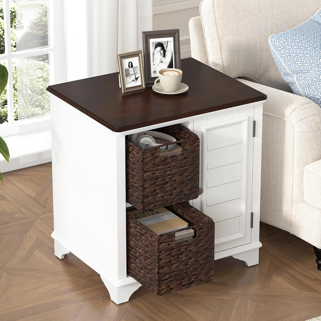 Multifunctional End Table Side Table with a Shutter Style Door and 2 Woven Grass Baskets, Sofa Side Narrow Table, Wood Bedside Nightstand for Living Room Bedroom (White-4.7)