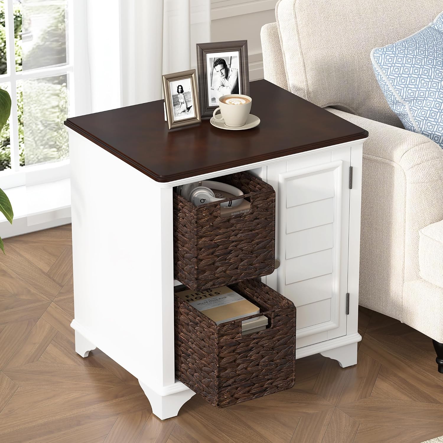 Multifunctional End Table Side Table with a Shutter Style Door and 2 Woven Grass Baskets, Sofa Side Narrow Table, Wood Bedside Nightstand for Living Room Bedroom (White-4.7)