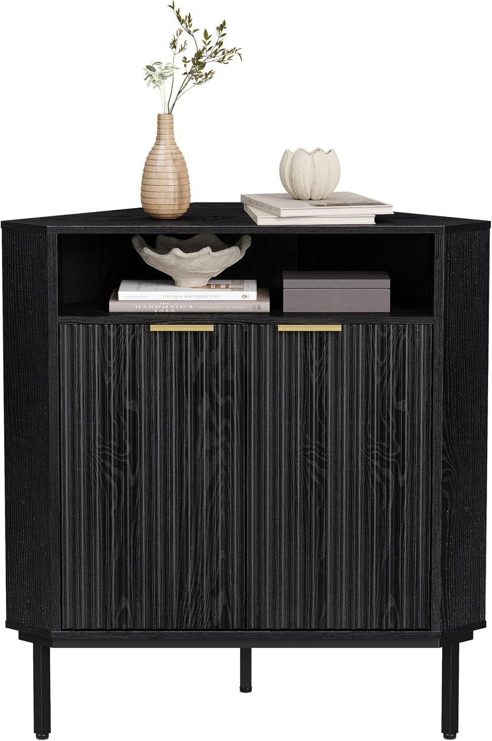 EYYTHUNG Black Corner Cabinet with Open Storage, Fluted Small Corner Floor Cabinet with 2 Doors & Adjustable Shelf, Wooden Freestanding Storage Organizer for Small Space,Living Room, Dining Room