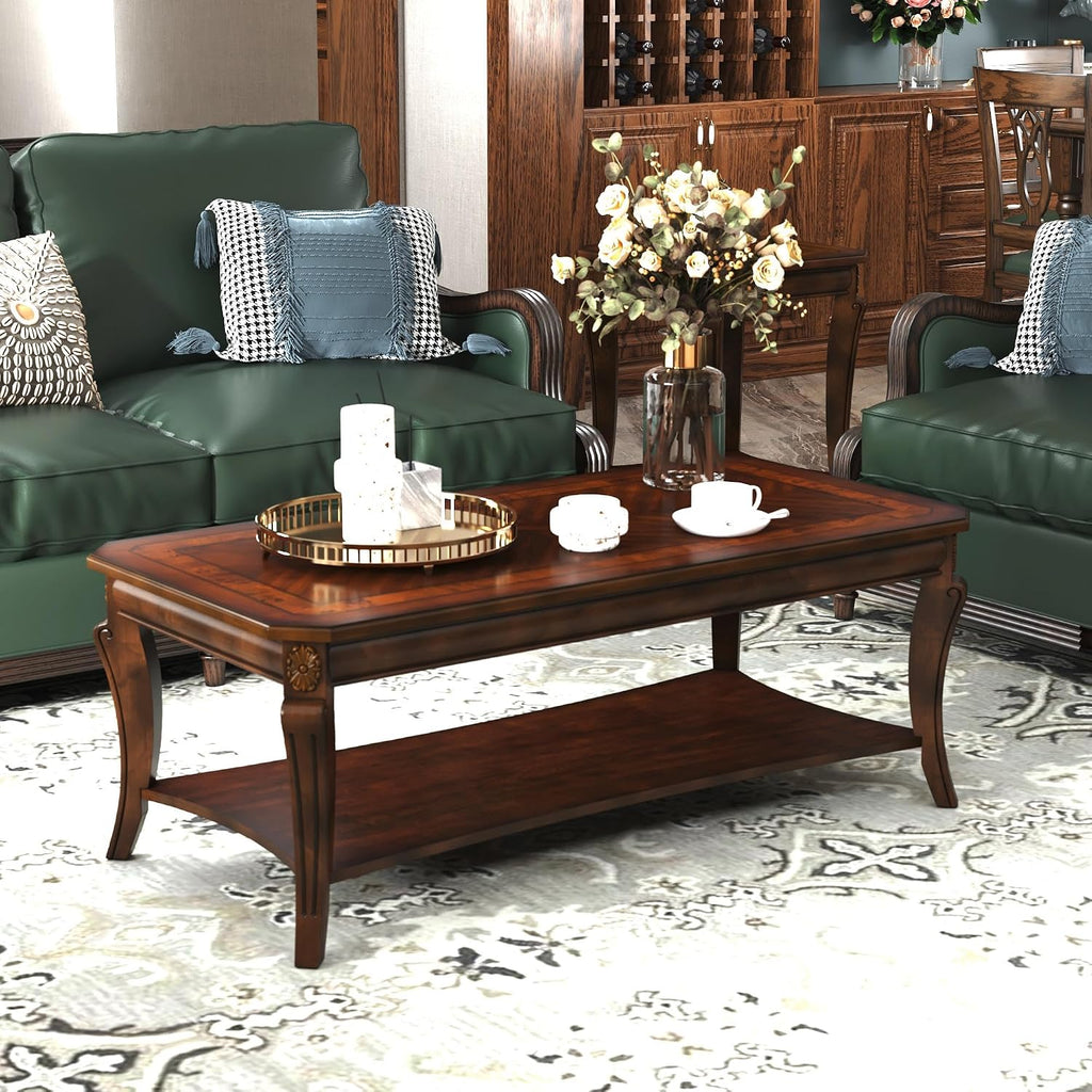 Traditional Living Room Tables Set of 3- One Coffee Table and Two End Table with Carved Tabletop and Leg, Farmhouse Cocktail Table with Storage Shelf, Cherry Brown KFZ- CJZ-A1168-WD