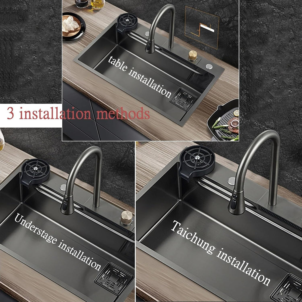 JATIBOSH Stainless Steel Kitchen Sink Single Bowl Sink with Drain Tray Drop in Undermount Handmade Rectangle Workstation Sink with Cutting Board (Color : BK, Size : 68x45CM)