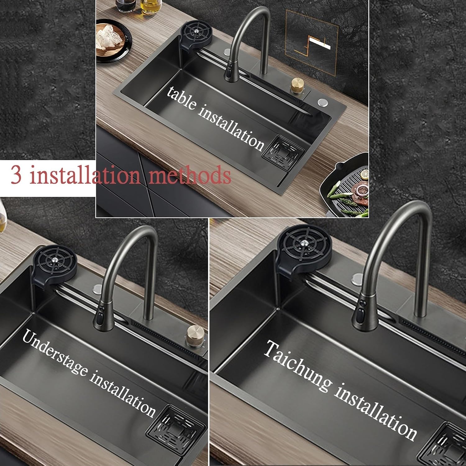JATIBOSH Stainless Steel Raindance Waterfall Kitchen Sink Set Single Bowl Sink Workstation, with Vegetable Basin,Pull-Out Faucet, and Pressurized Cup Washer (Color : BK, Size : 68x45CM)