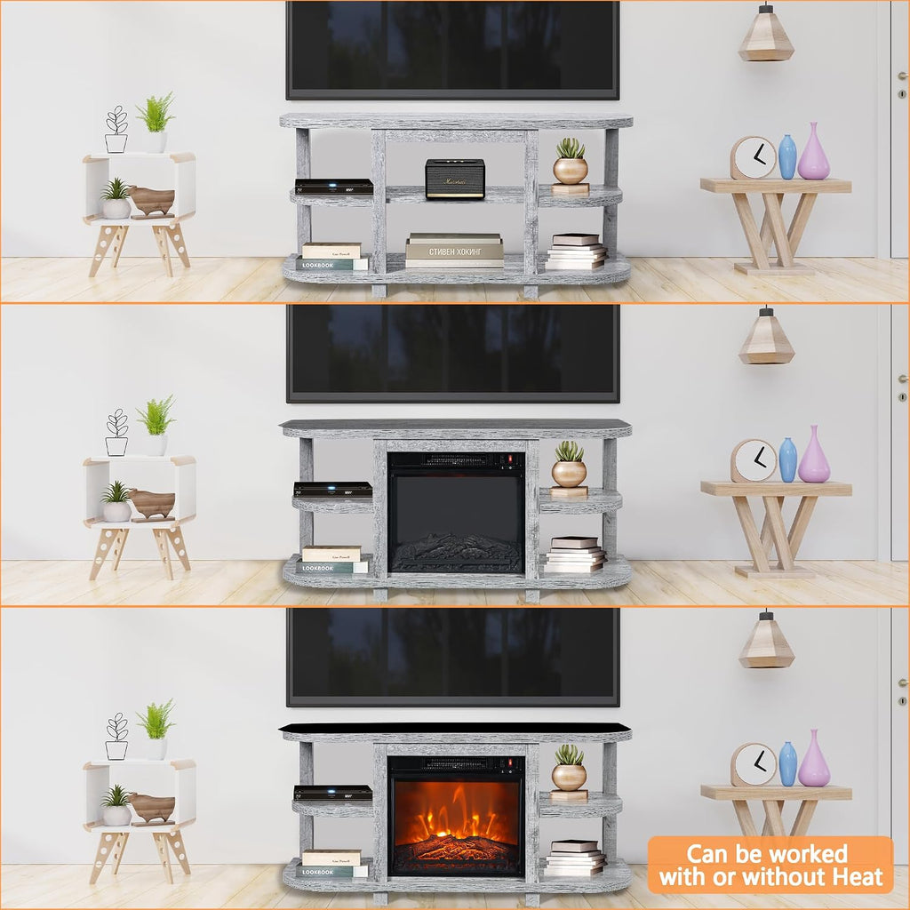 48' Fireplace TV Stand for TVs up to 55', Farmhouse Entertainment Center with 18' Electric Fireplace Insert, 1400W Wood Media Console Table with Open Storage Shelves for Living Room, Bedroom (Gray)