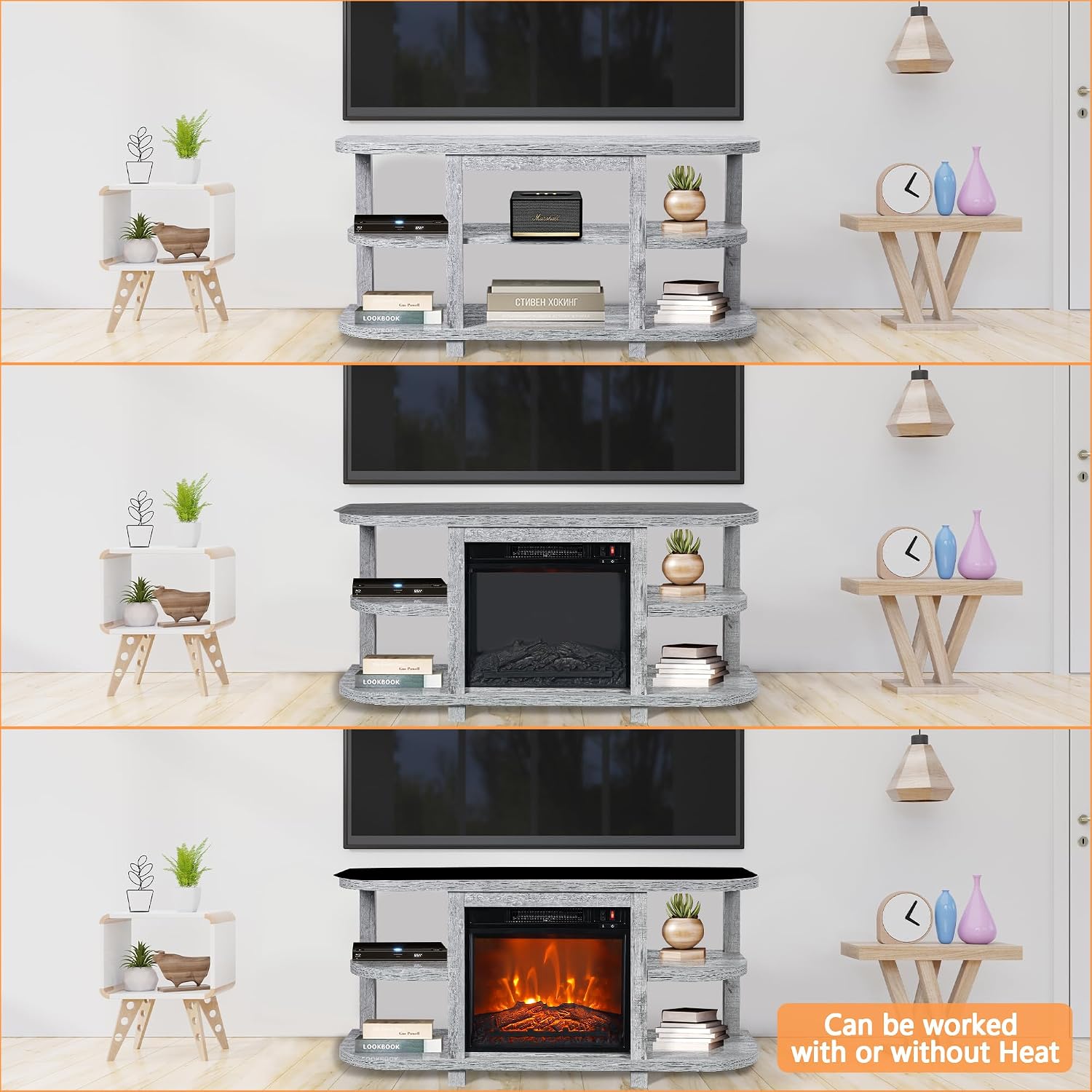 48' Fireplace TV Stand for TVs up to 55', Farmhouse Entertainment Center with 18' Electric Fireplace Insert, 1400W Wood Media Console Table with Open Storage Shelves for Living Room, Bedroom (Gray)