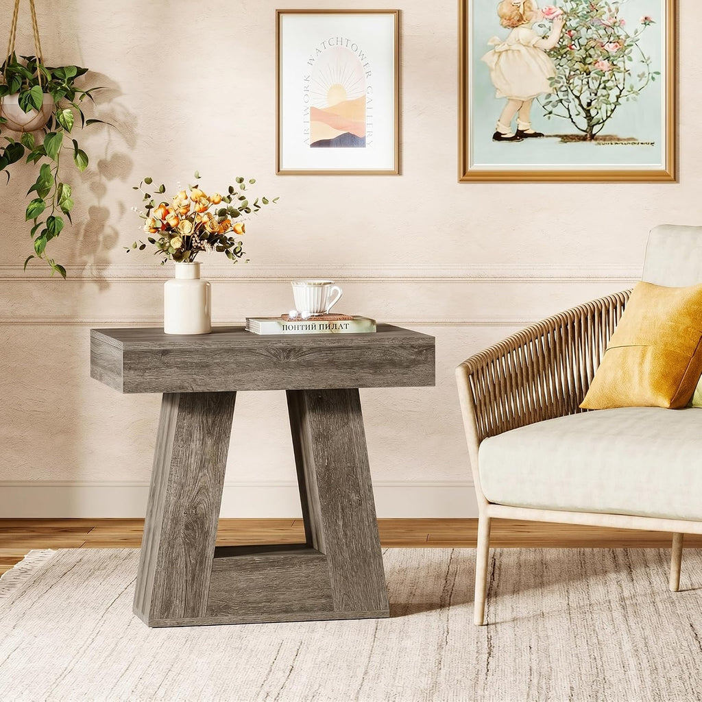 Tribesigns 24' Modern Side Table, 2-Tier Narrow Wooden End Table with Trapezoid Base, Farmhouse Small Nightstand for Living Room, Bedroom (2, Gray)