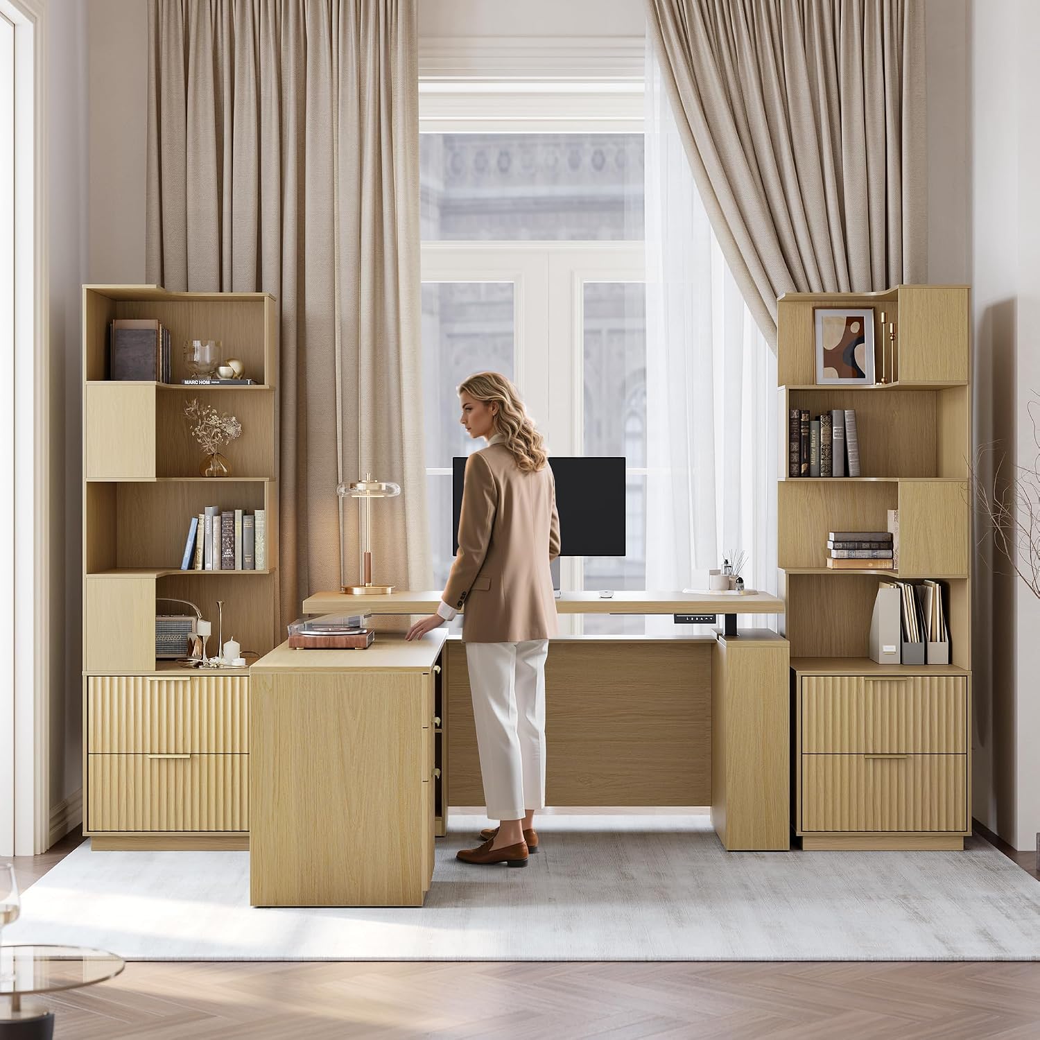 Corner Bookshelf with Drawers, 4 Tier Fluted Corner Bookcase with Storage, 71' Tall Bookcase with Storage Display Rack with Baffles for Home Office and Living Room, Light Walnut