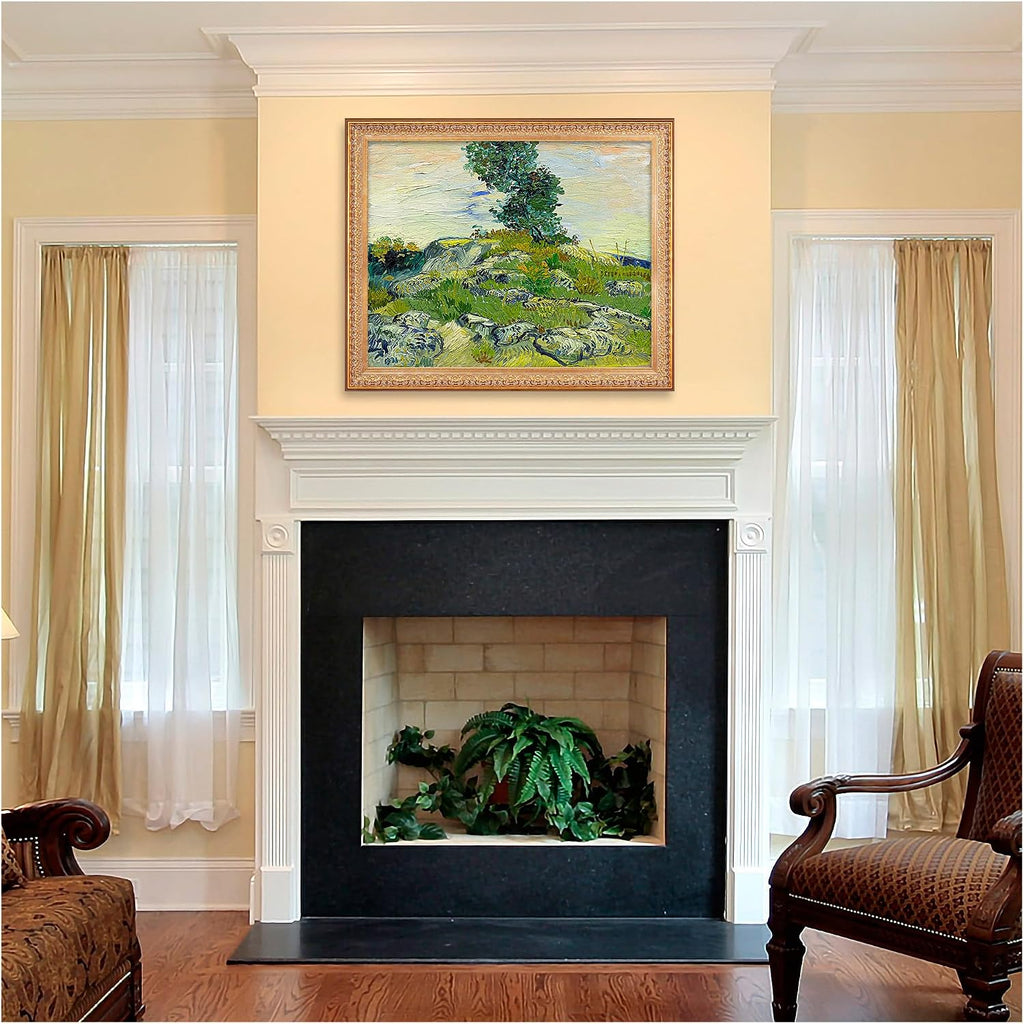 A&T ARTWORK The Rocks by Vincent Van Gogh.Framed Size:34.5x28.5 inches,Image Size:30x24 inches World Classic Reproductions For HomeDecor,Golden Frame