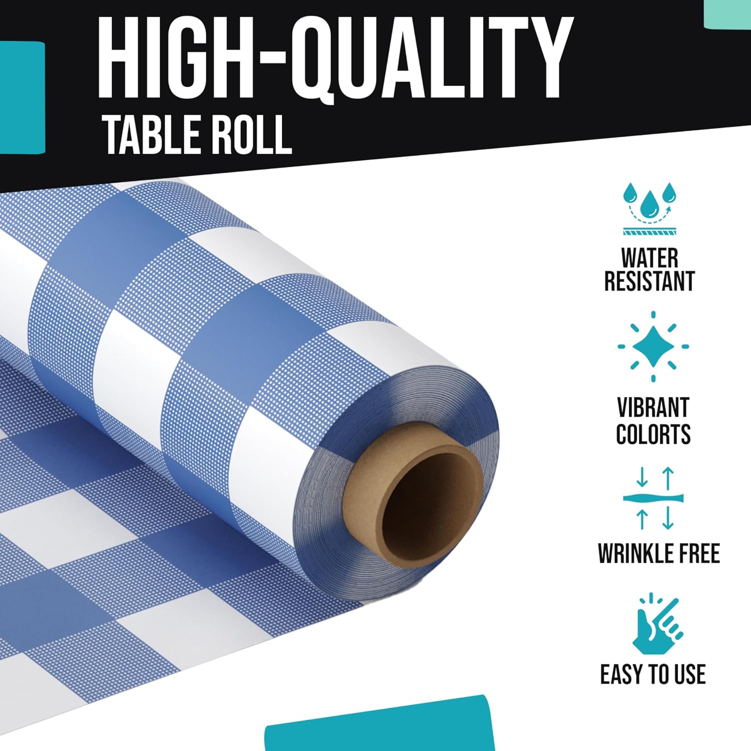 Exquisite Party Solids Blue Gingham Plastic Table Cover Roll Pack of 6, 40' X 100' Table Cloth Plastic Cover Roll - Premium Quality Thick 0.5 MIL Banquet Rolls - Disposable Tablecloth Rolls