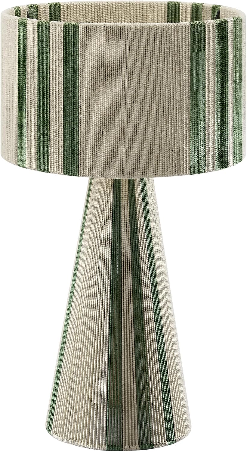 Modway Gia Vintage Modern Cotton Thread Table Lamp in Basil Green - Unique Retro Boho Accent Lamp with Metal Base and Repeating Stripes Design