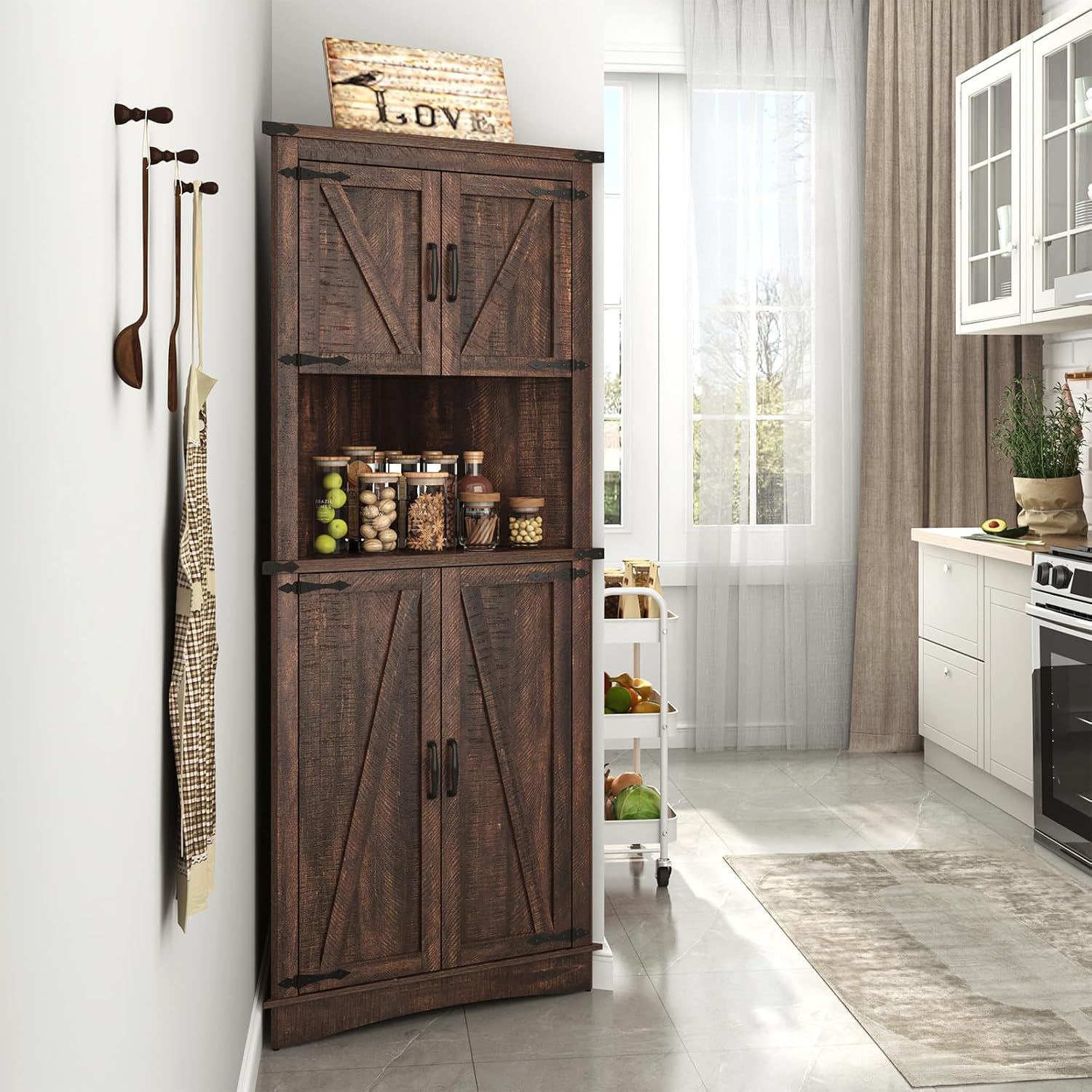 Hlivelood 68' Tall Farmhouse Corner Cabinet, 5-Tier Large Storage Cabinet with 4 Barn Doors & Adjustable Shelves, Bathroom Cabinets with Storage for Living Room, Kitchen, Bathroom, Brown