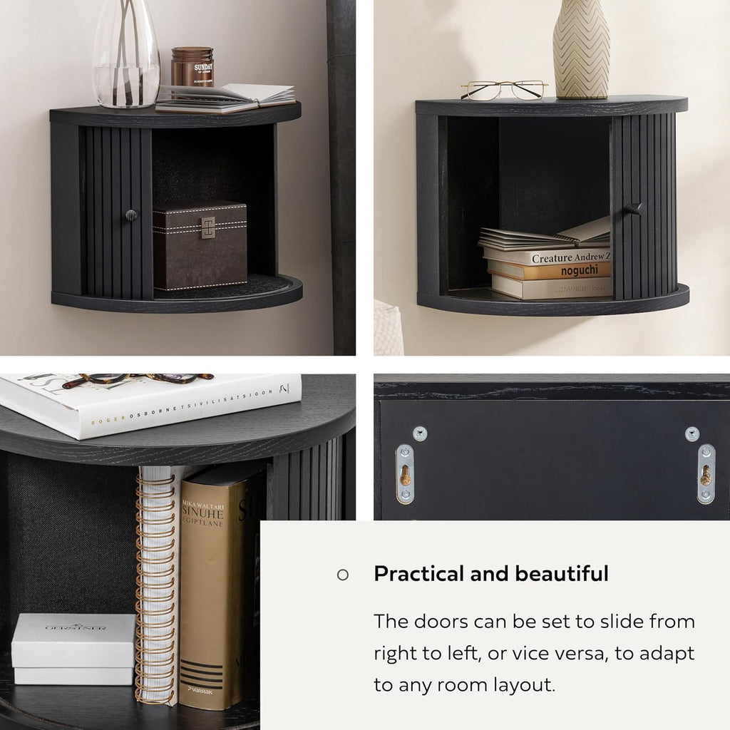 WERMO 16'' Black Floating Nightstand with Storage and Sliding Door - Floating Side Table for Living Room, Bedroom and Office. Mid Century Modern Nightstand Wood, Bedside Shelf Wall Mount (Black Oak)