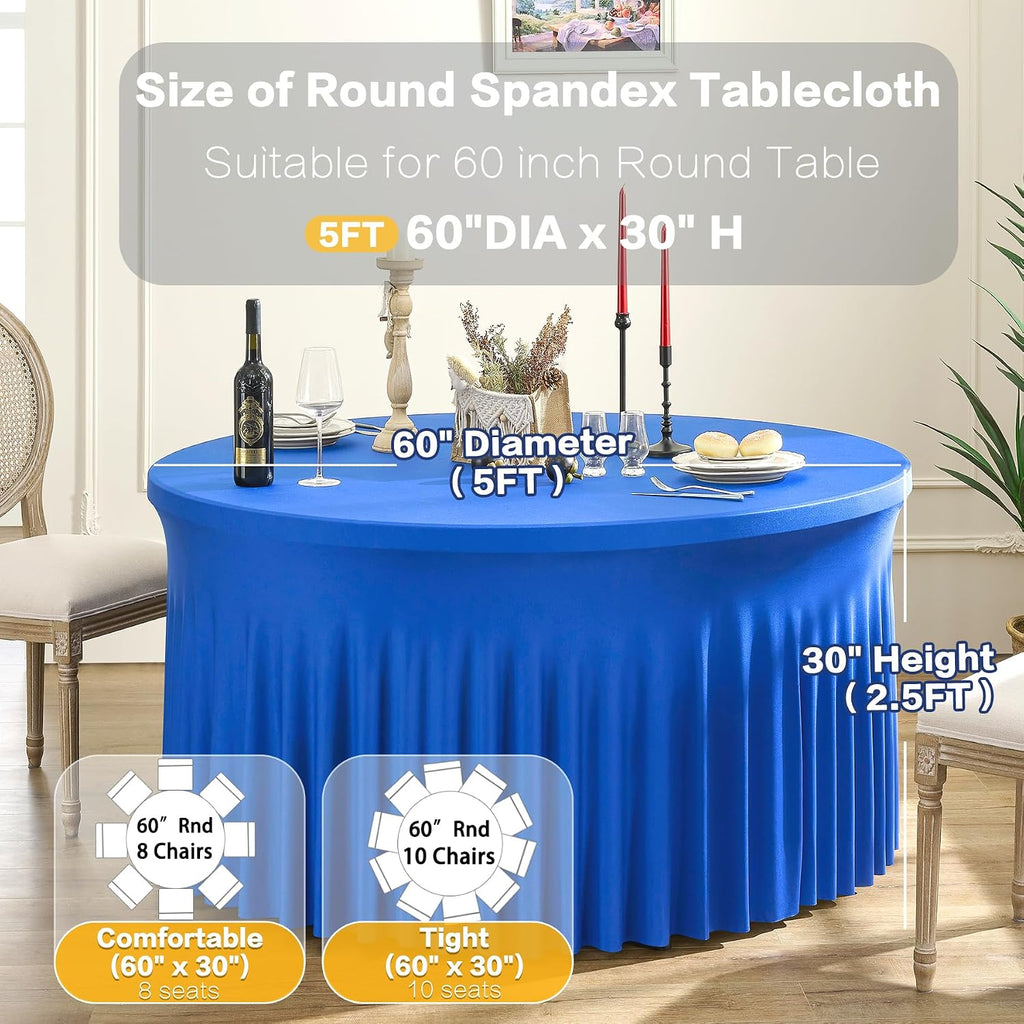 6 Pack Spandex Royal Blue Round Table Cloths for 60 inch Table, Wrinkle Free 120 inch Tablecloths Stretchy Round Tablecovers for Wedding Birthday Parties Banquet