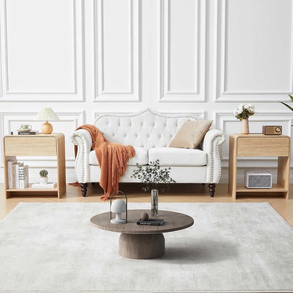 Set of 2 Fluted Side Table with Charging Station, Mid Century Modern End Table Nightstand with Drawer Storage, Large Wood Bedside Tables Night Stands for Small Space Bedroom Living Room Office,Natural