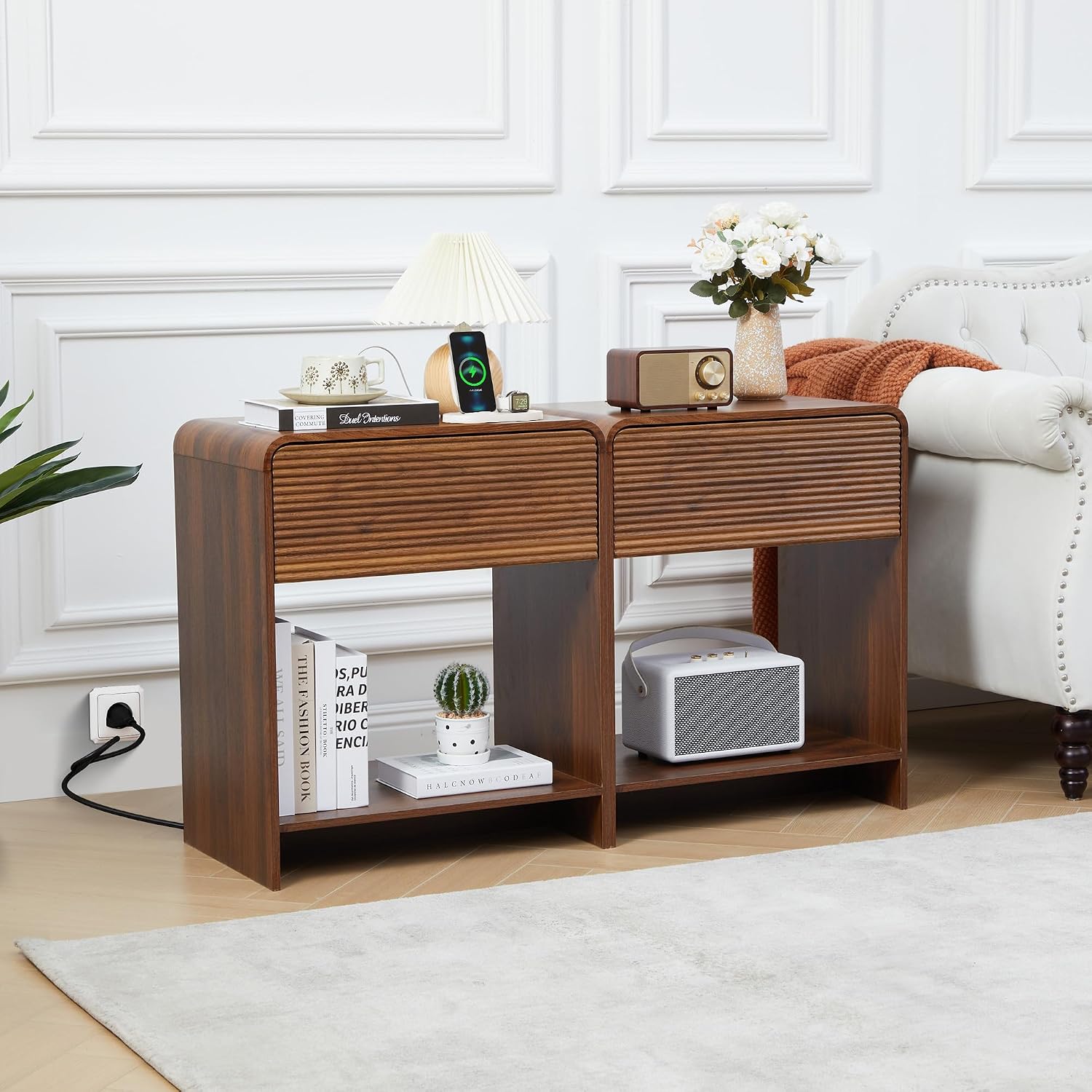 Set of 2 Fluted Side Table with Charging Station, Mid Century Modern End Table Nightstand with Drawer Storage, Large Wood Bedside Tables Night Stands for Small Space Bedroom Living Room Office, Walnut
