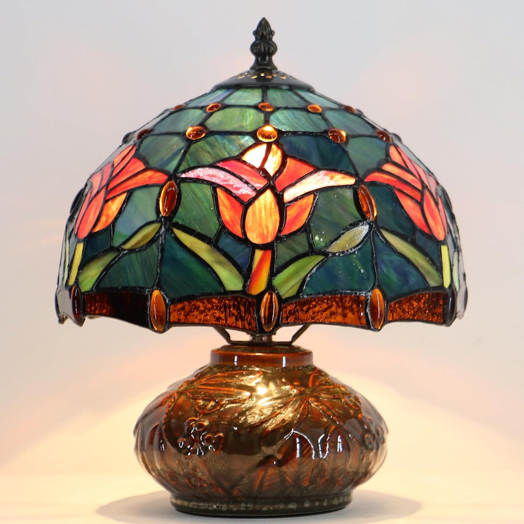 Tiffany Table Lamp, 10X10X11 Inch Mini Stained Glass Mushroom Desk Light Memory Sympathy Ceramic lamp (Tulip Style)