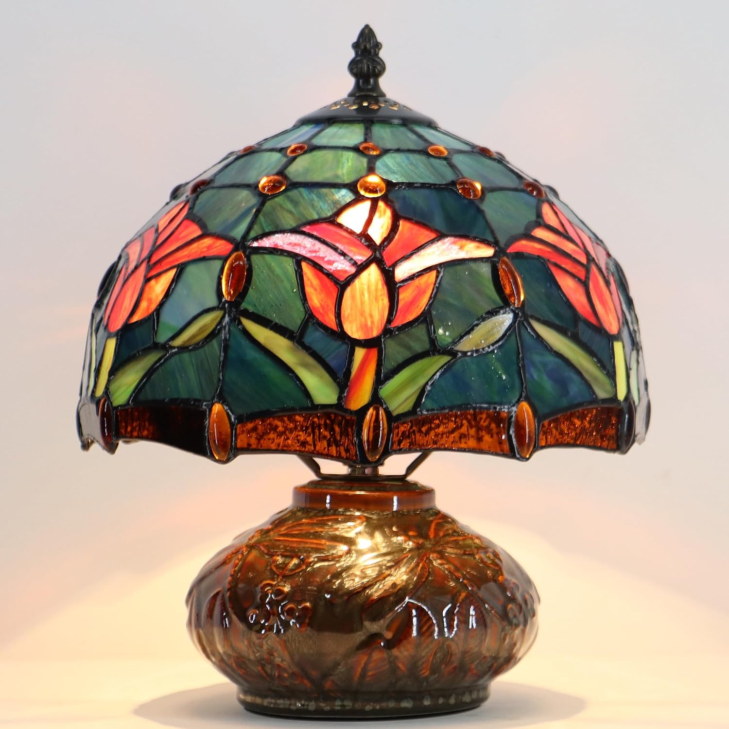 Tiffany Table Lamp, 10X10X11 Inch Mini Stained Glass Mushroom Desk Light Memory Sympathy Ceramic lamp (Tulip Style)
