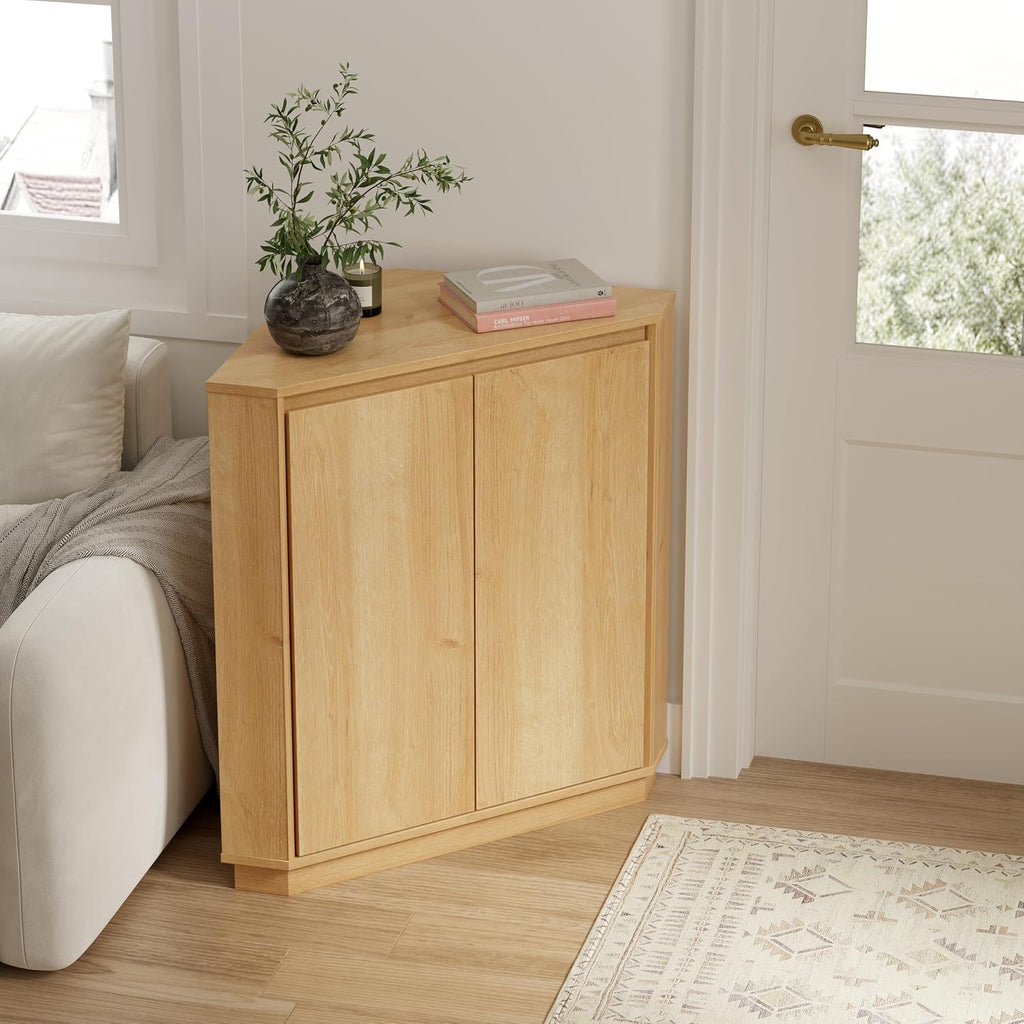 EYYTHUNG Corner Cabinet, Modern Handless Corner Floor Cabinet with 2 Doors and 2-Tier Shelves, Freestanding Narrow Organizer for Living Room Kitchen Bathroom, Natural Oak