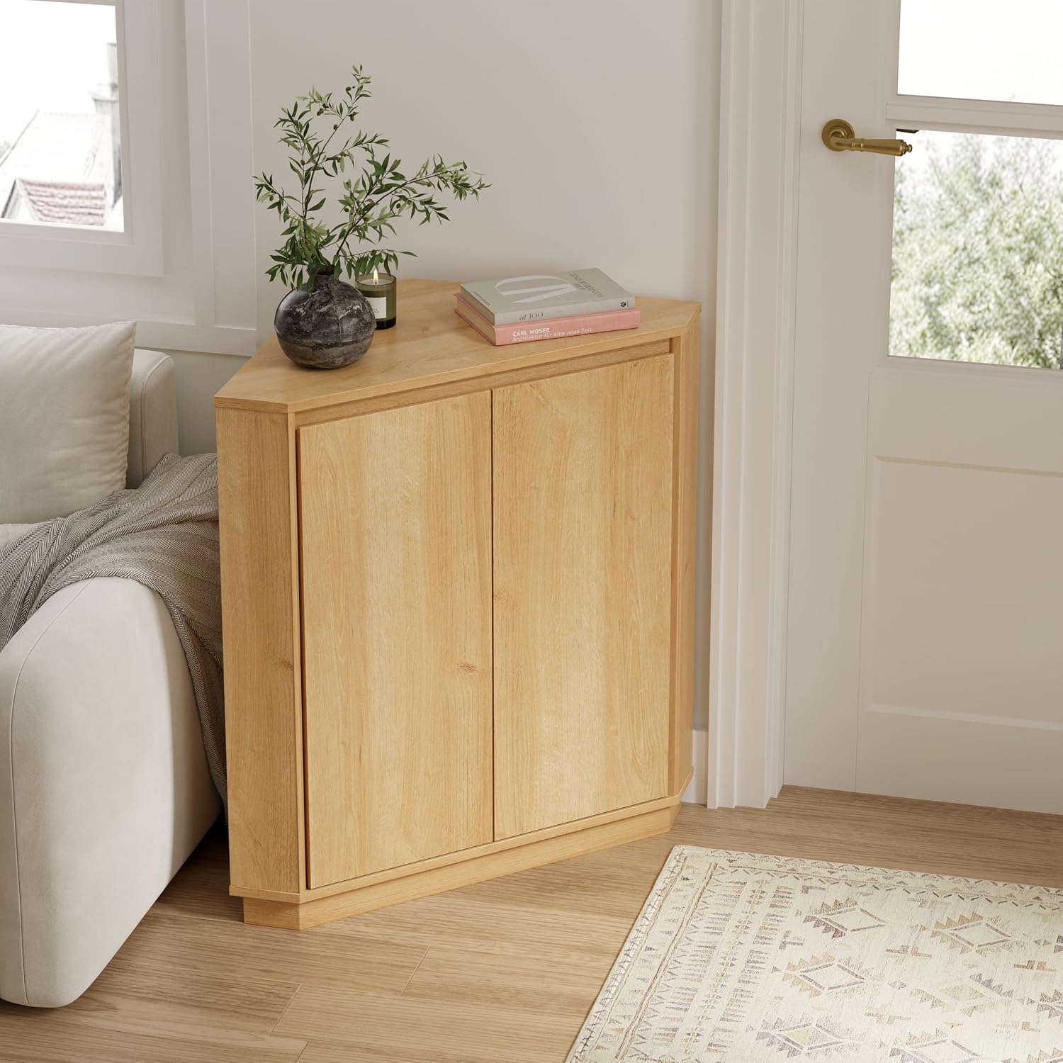 EYYTHUNG Corner Cabinet, Modern Handless Corner Floor Cabinet with 2 Doors and 2-Tier Shelves, Freestanding Narrow Organizer for Living Room Kitchen Bathroom, Natural Oak